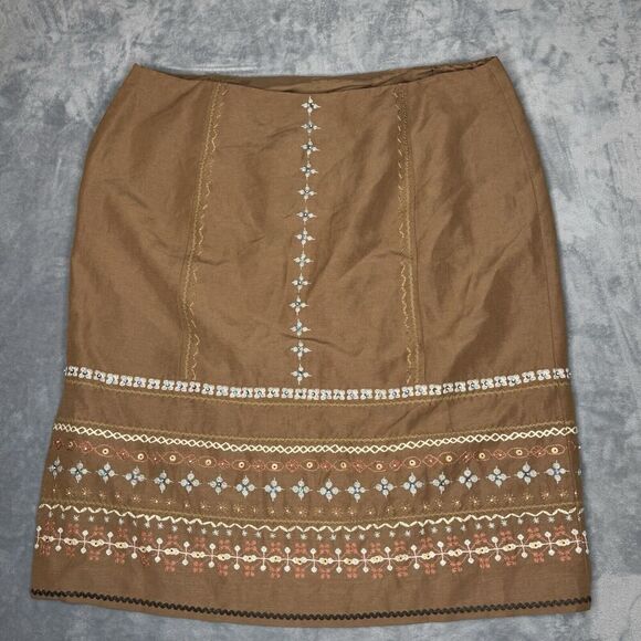 Talbots Sz 16 Linen Silk Blend Light Brown Floral Embroidered Side Slit Skirt - Picture 9 of 13